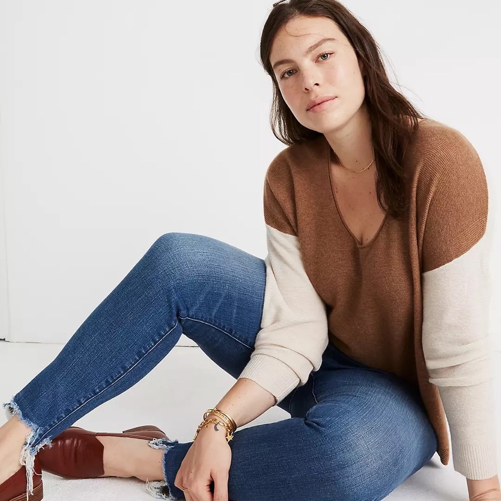 MADEWELL Oversized Colorblock Cream and Tan Merino Kimball Pullover Sweater, XS - Picture 2 of 13